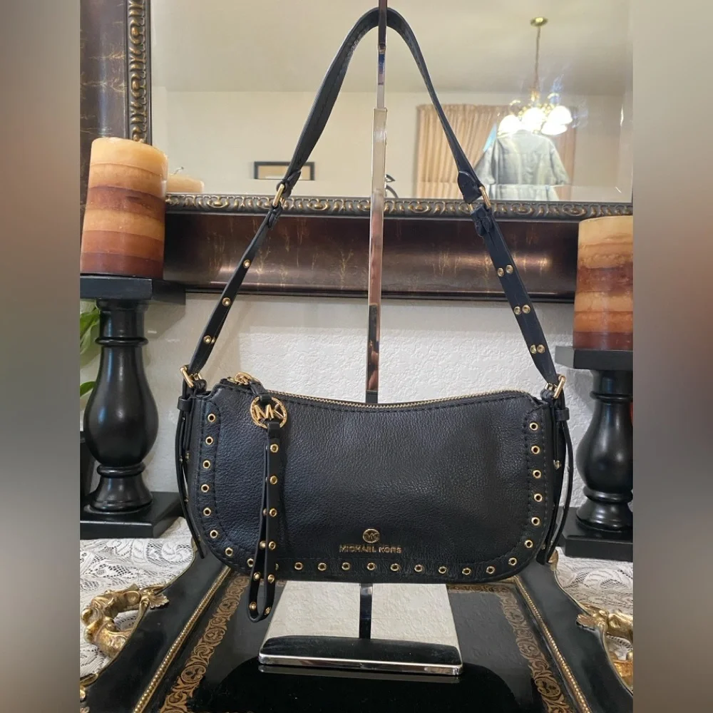 Michael Kors Black Leather Shoulder Bag with Gold Hardware